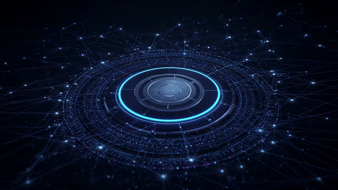 Animation starting rotating cyber hub pulsing neon rings in virtual network, showing data transfer