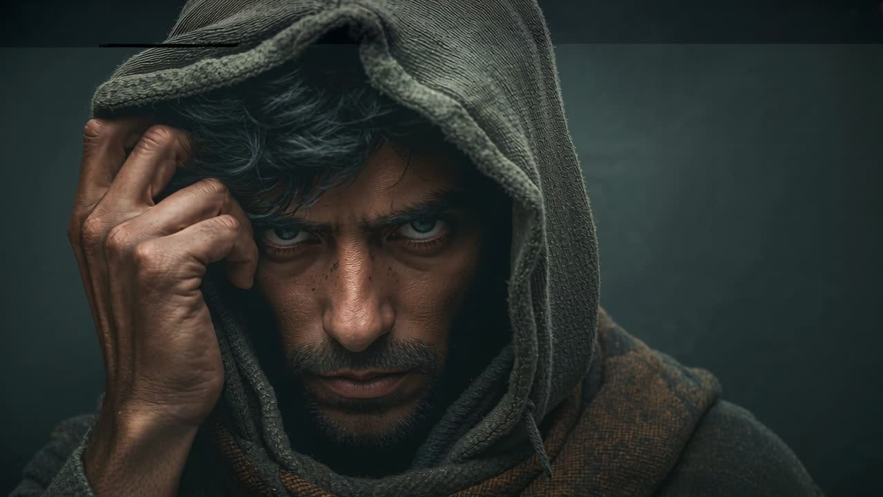 Uno sguardo centrato fa sì che un uomo incappucciato si sistemi il cappuccio con la mano sinistra in studio, mostrando mantello e sciarpa.