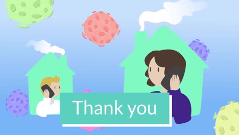 animation of thank you text over digital icons on blue background