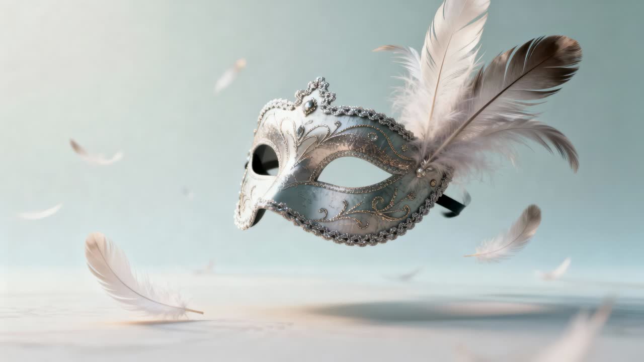 Flydende sølvmaske bevæger sig til højre på grå baggrund, luft løfter sort bånd, fjer afslører perler.