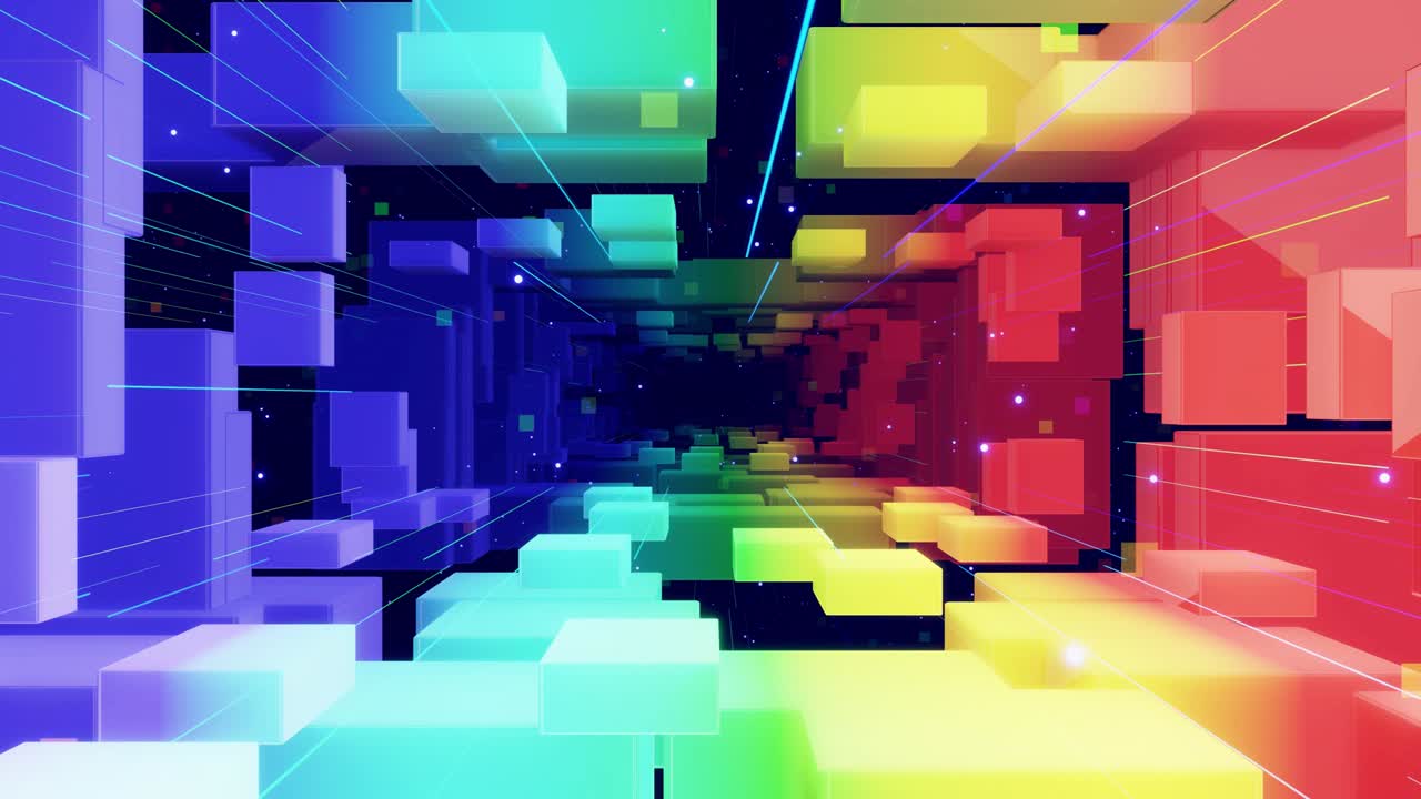 brillante hermoso fondo geométrico. vuelo a través del espacio de arte lleno de estructuras rectangulares o cúbicas, luz de neón. gradiente de color arco iris. bucles vj. 4k 3d render gráficos de movimiento bg