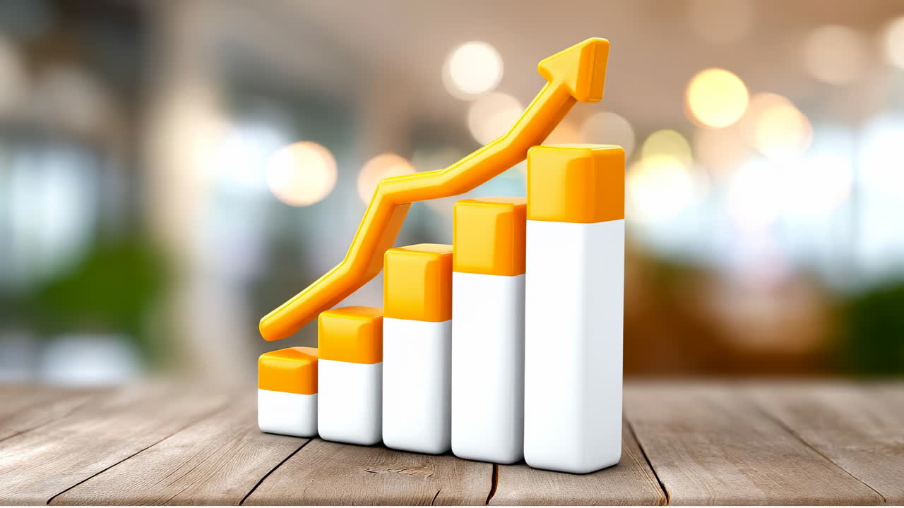Chart shows business growth trends. A vibrant bar graph shows rising sales in a modern office, indicating positive progress