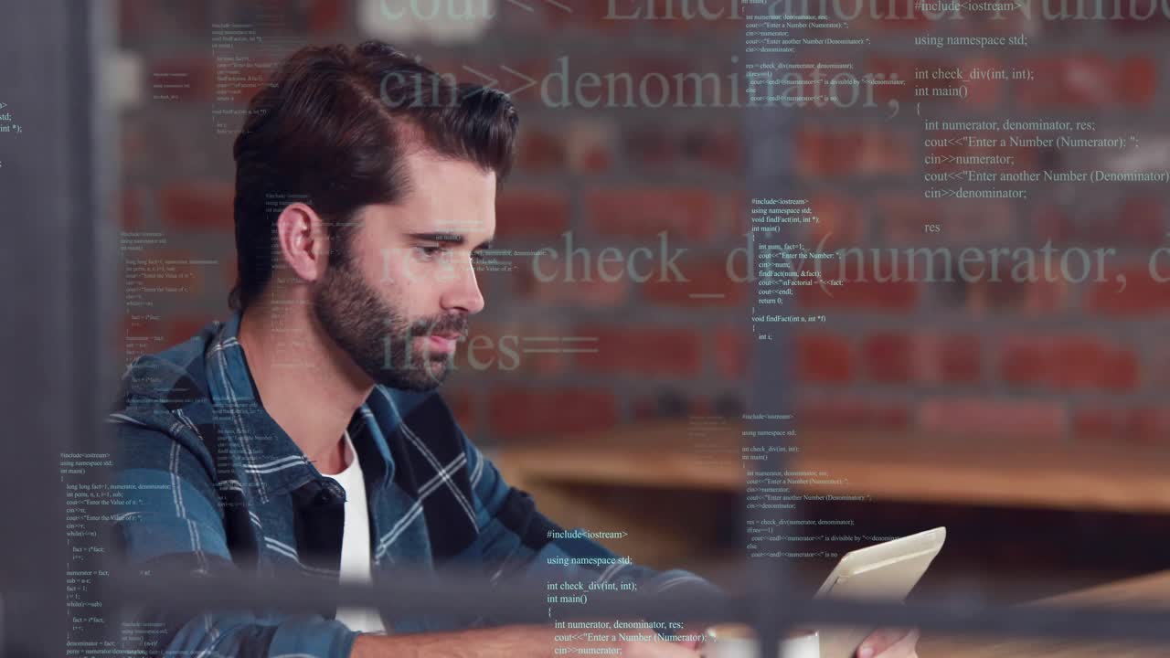 Adult man tapping tablet and scrolling while reviewing code in cafe, showing code overlay in front