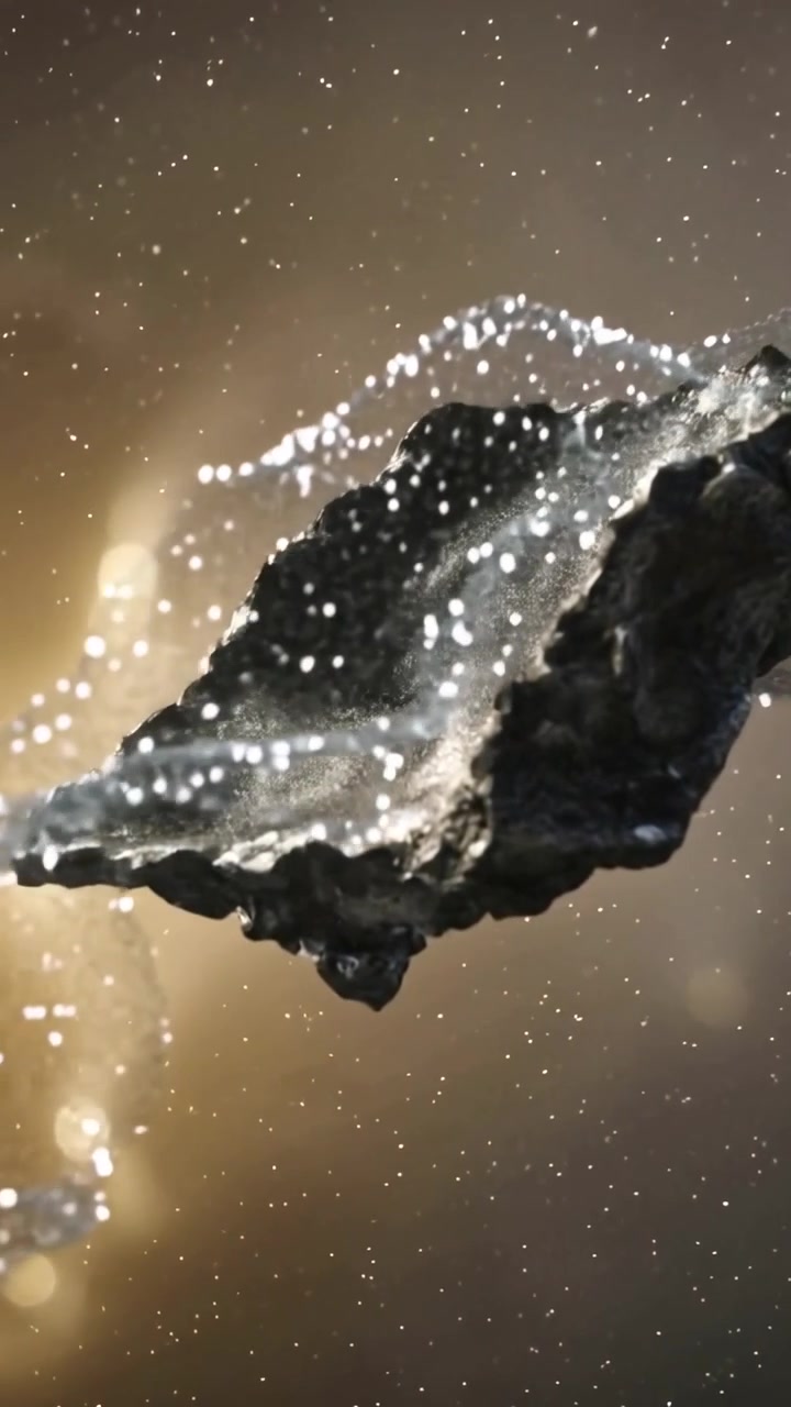 Video verticale: Telecamera in movimento che sposta una roccia, mostrando il lato destro nello spazio e rivelando goccioline.