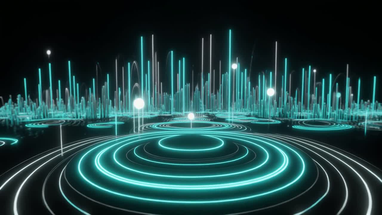 Abstract Technology Background with Glowing Neon Rings and Vertical Lines