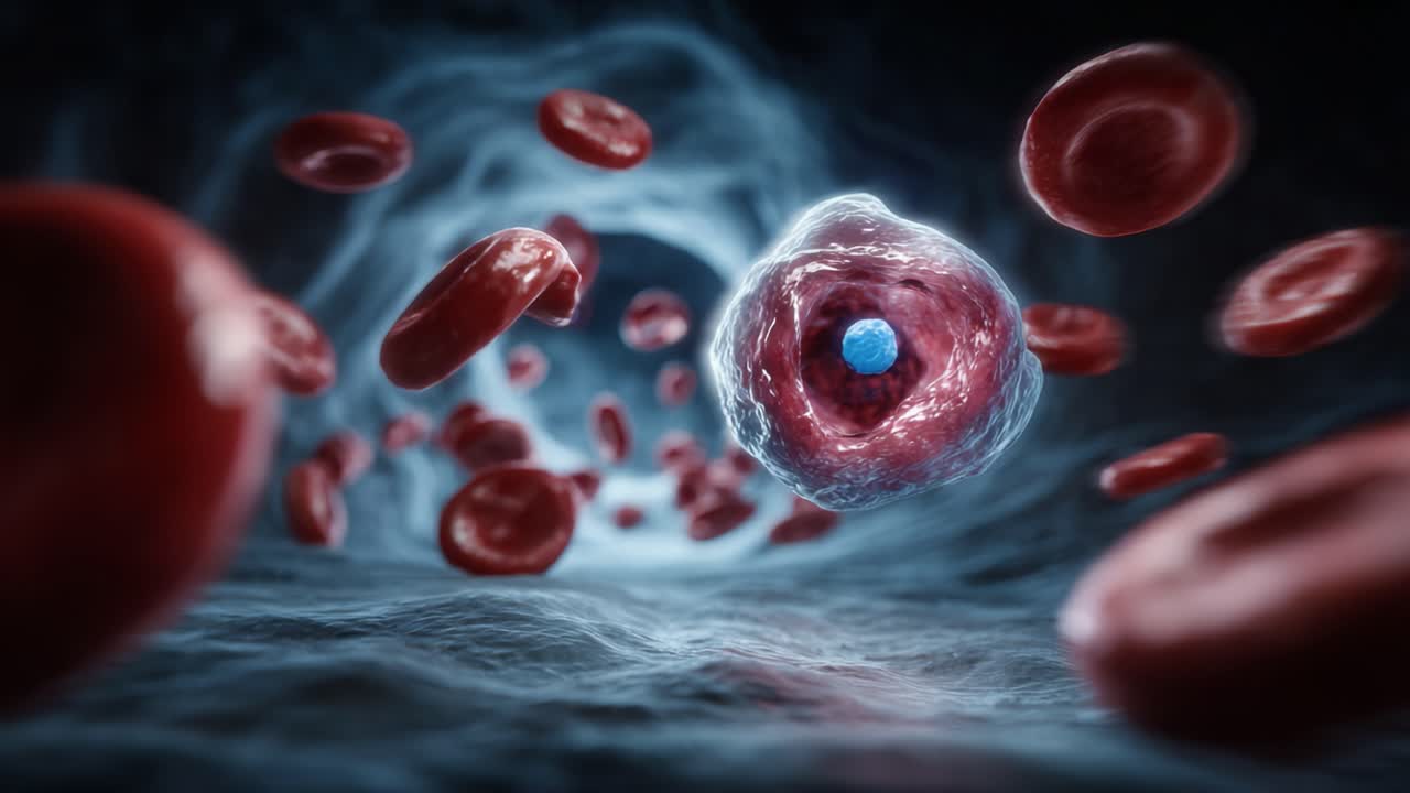 A Close-Up Visualization of Blood Cells and a Leukocyte within the Human Circulatory System, Showcasing the Intricate Dynamics of Cellular Interactions