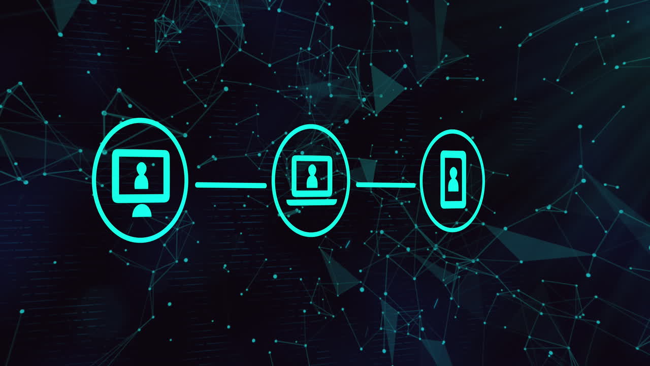 animación de iconos tecnológicos sobre fondo negro con conexiones y formas