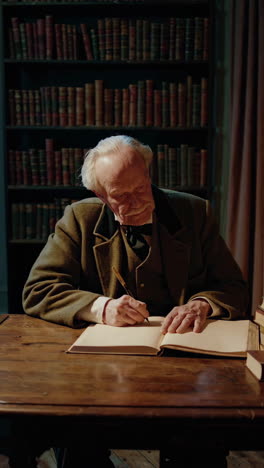 elderly gentleman writing in a library at night