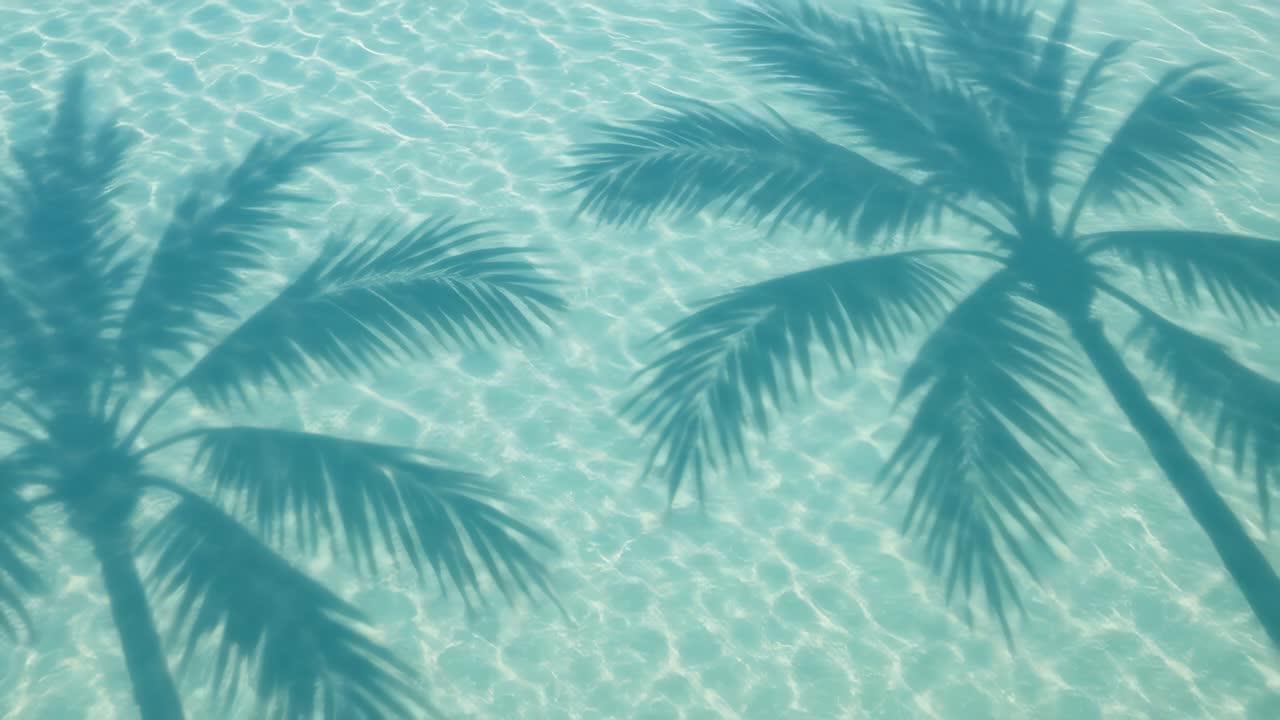 Aerial view of palm tree shadows on clear turquoise water, creating a serene and tropical