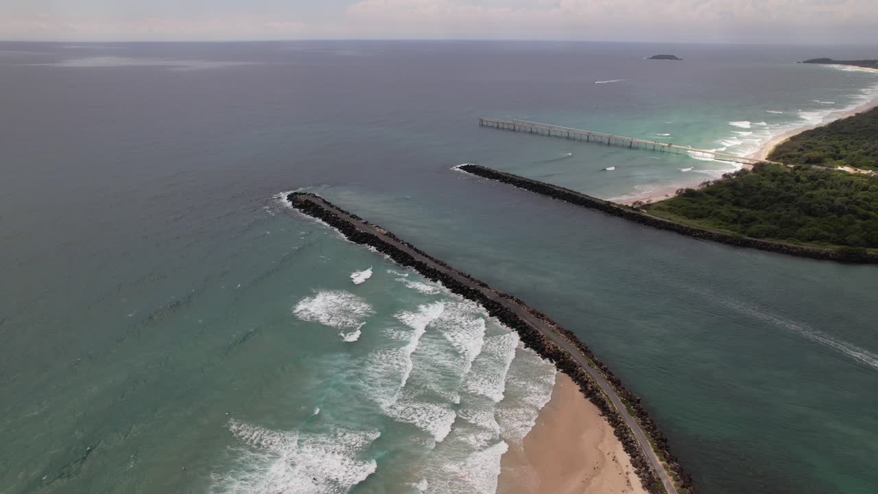 Tweed River With Duranbah Beach In Tweed Heads, NSW, Australia - Aerial Shot