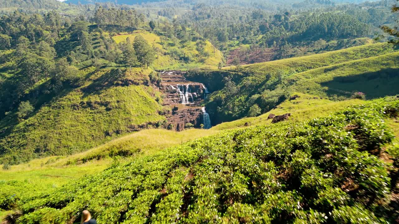 Nuwara Eliya, Sri Lanka, mentre una donna cammina con grazia attraverso le vivaci piantagioni di tè verde con le iconiche cascate di Saint Clairs che scendono a picco