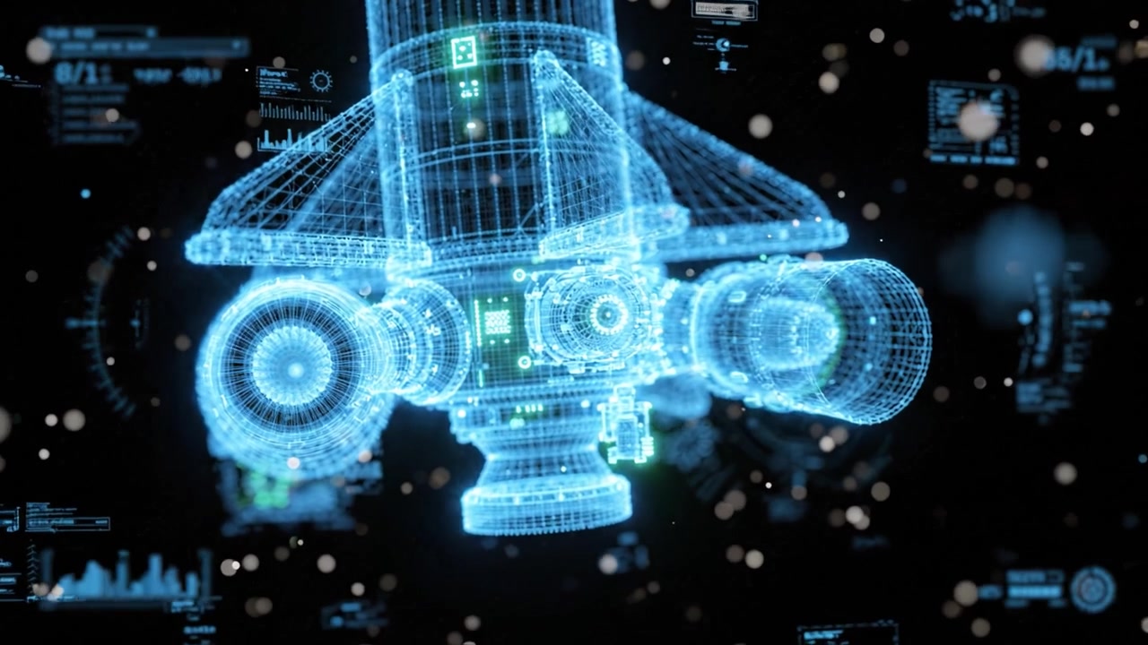 En glødende 3D-modell av et futuristisk romfartøy med digitale grensesnittoverlegg og en dynamisk bakgrunn, som viser avansert teknologi og designinnovasjoner
