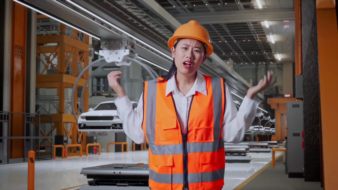 안전 헬을 입은 아시아 여성 엔지니어가 ev 자동차 공장에서 의심스럽게 일하고 있습니다.