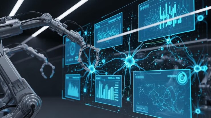 Advanced Robotic Arm Interacting with Futuristic Data Displays in a High-Tech Environment Focused on Automation and Data Analysis