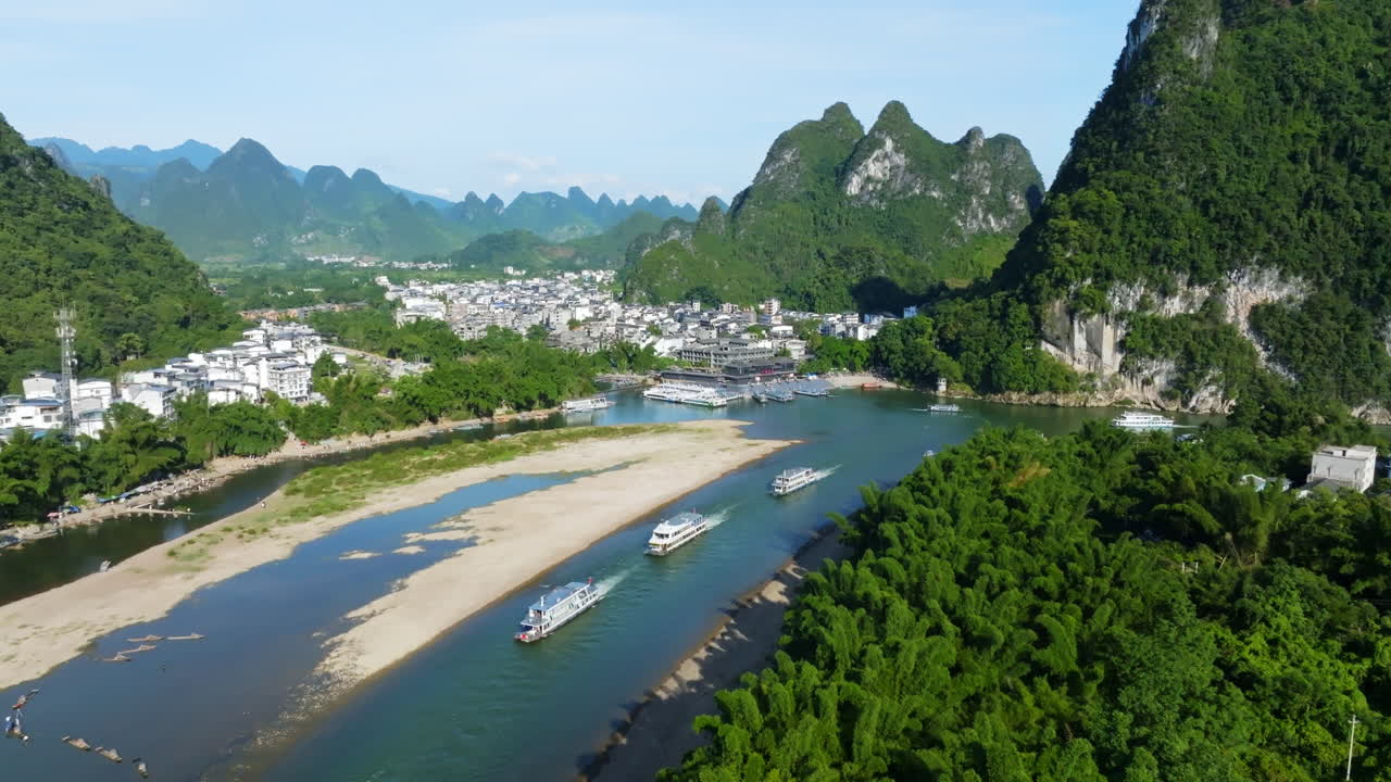 Aerial view of tour boats passing the Xingping town on the Lijiang river, China