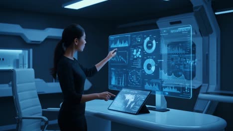 a professional woman engages with advanced data analytics on a high-tech interface, interpreting visual insights in a futuristic workspace setting