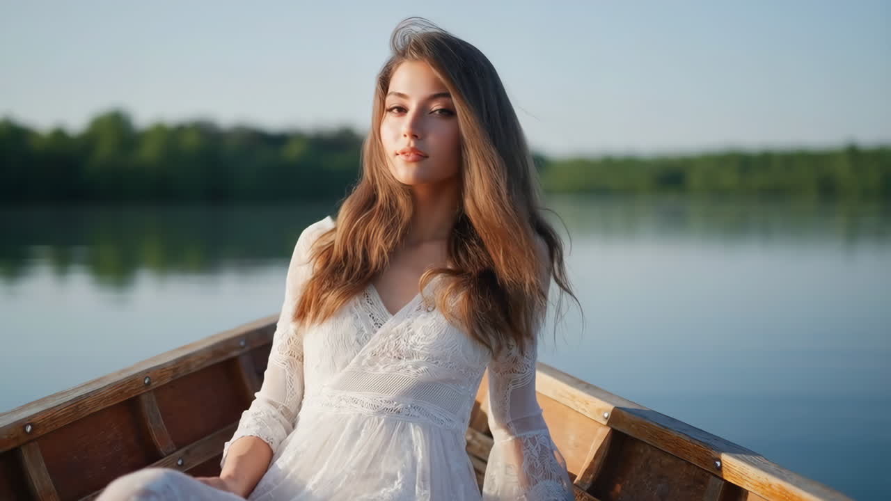 Serene Woman in White Lace Dress in a Wooden Boat on a Lake