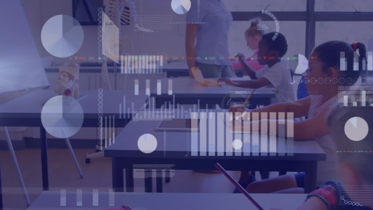 Animation of data processing over diverse schoolchildren in classroom
