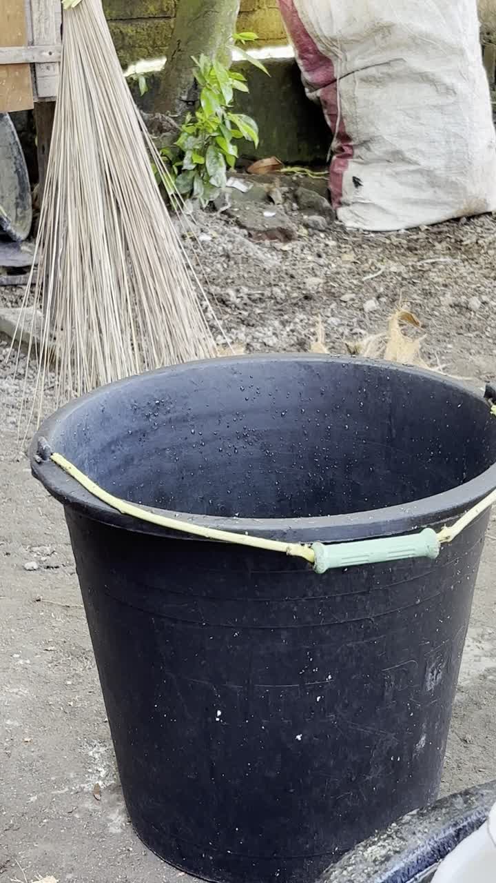 Person Opening Fresh Coconut with an Axe, Pouring Water into a Bucket