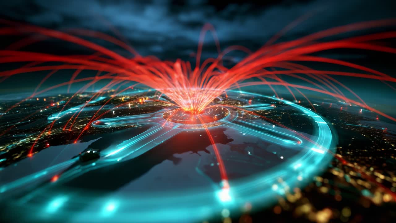 A Stunning Visualization of Network Connections Over a Cityscape, with Dynamic Red and Cyan Lines Representing Data Flow and Interaction, Capturing the Essence of Digital Communication and Activity in Motion