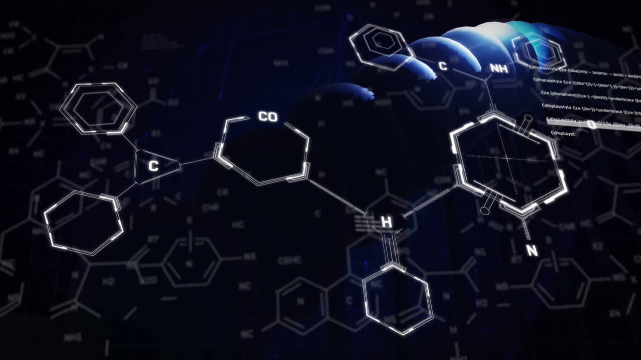 Animazione di elaborazione dati scientifici su filamento di DNA in rotazione