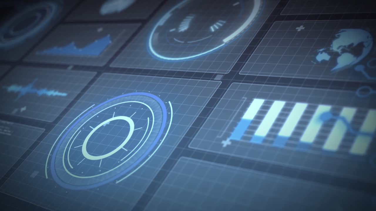 Animation of statistics recording and scopes scanning on screens over grid