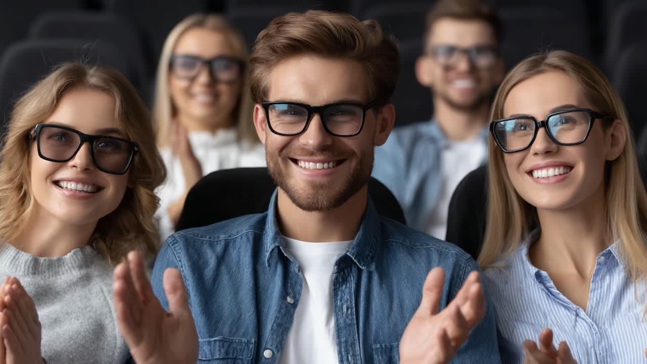 A Group of Friends in a Cinema Applauding Enthusiastically After a Movie Screening, Capturing the Joy and Excitement of a Shared Experience