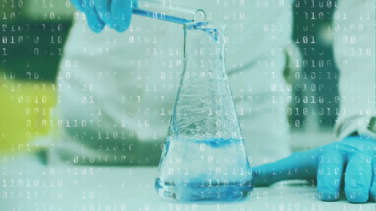 Animation of binary code over hands of lab worker pouring liquids