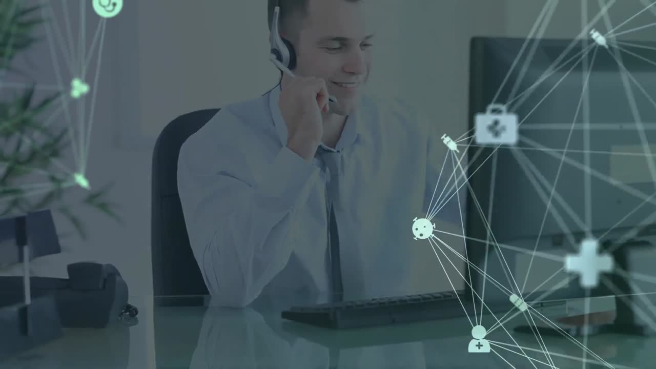Animazione di una rete di connessioni e icone su un uomo d'affari con cuffie