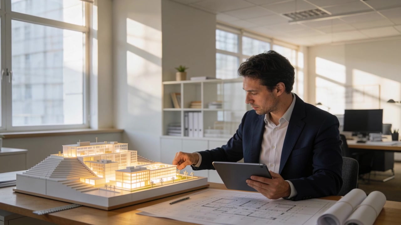 Arquitecto con blazer señalando y examinando un modelo iluminado después de ver un área iluminada en el estudio, sosteniendo una tableta.