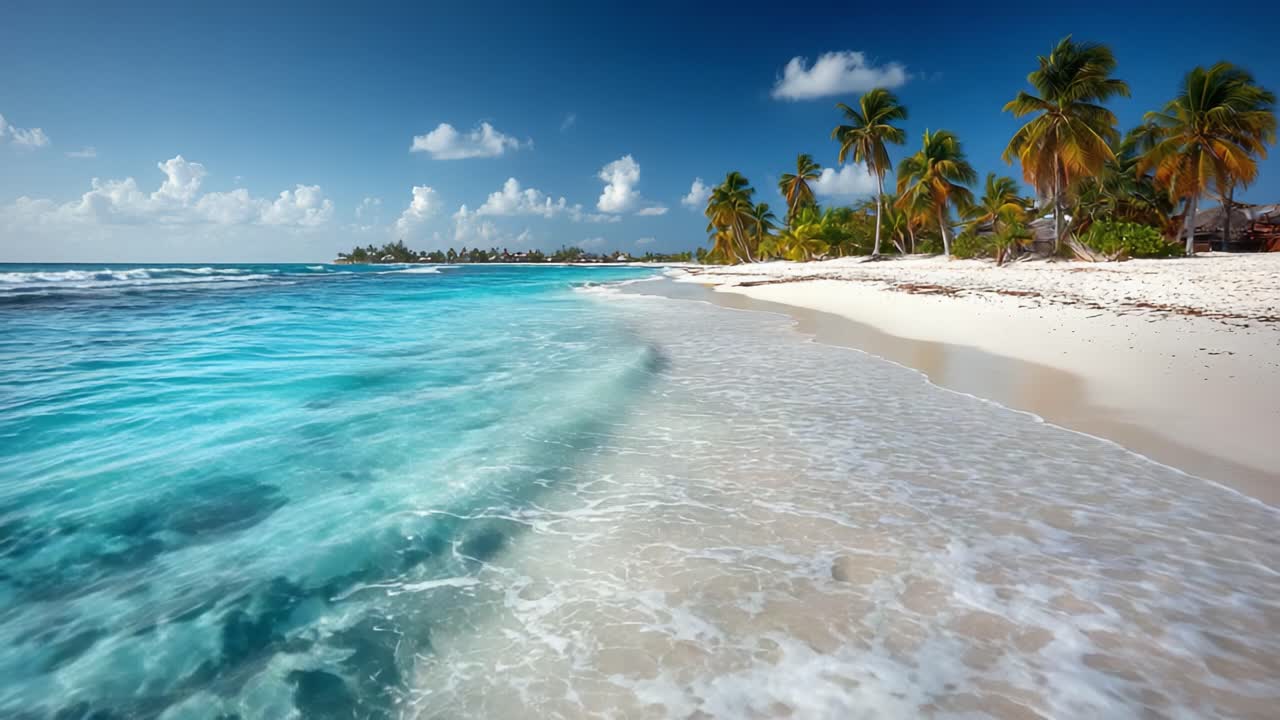 Bãi biển nhiệt đới thanh bình với làn nước trong vắt và những hàng cọ xanh tươi dưới bầu trời trong xanh: Một thiên đường hoàn hảo để thư giãn và tận hưởng