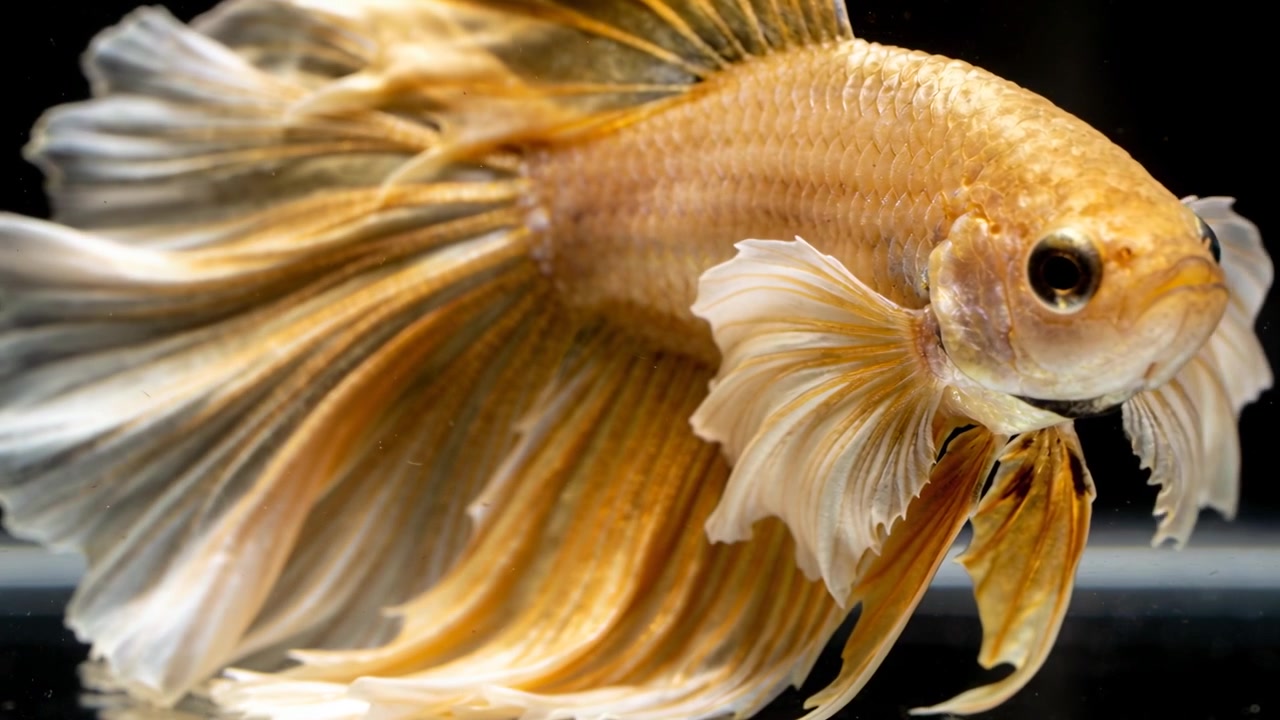 Un singolo Betta dorato si propelle, iniziando a nuotare in avanti con la pinna caudale aperta attraverso l'acquario, con luce LED.