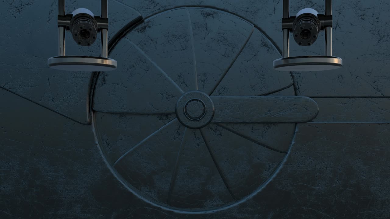 animación 3d del cierre de la puerta de entrada oxidada de hierro. aparición de la torreta automática (ametralladora de gatling) y disparos. proceso de trabajo del sistema de seguridad cibernética. abstracto de tecnología futurista con canal alfa.