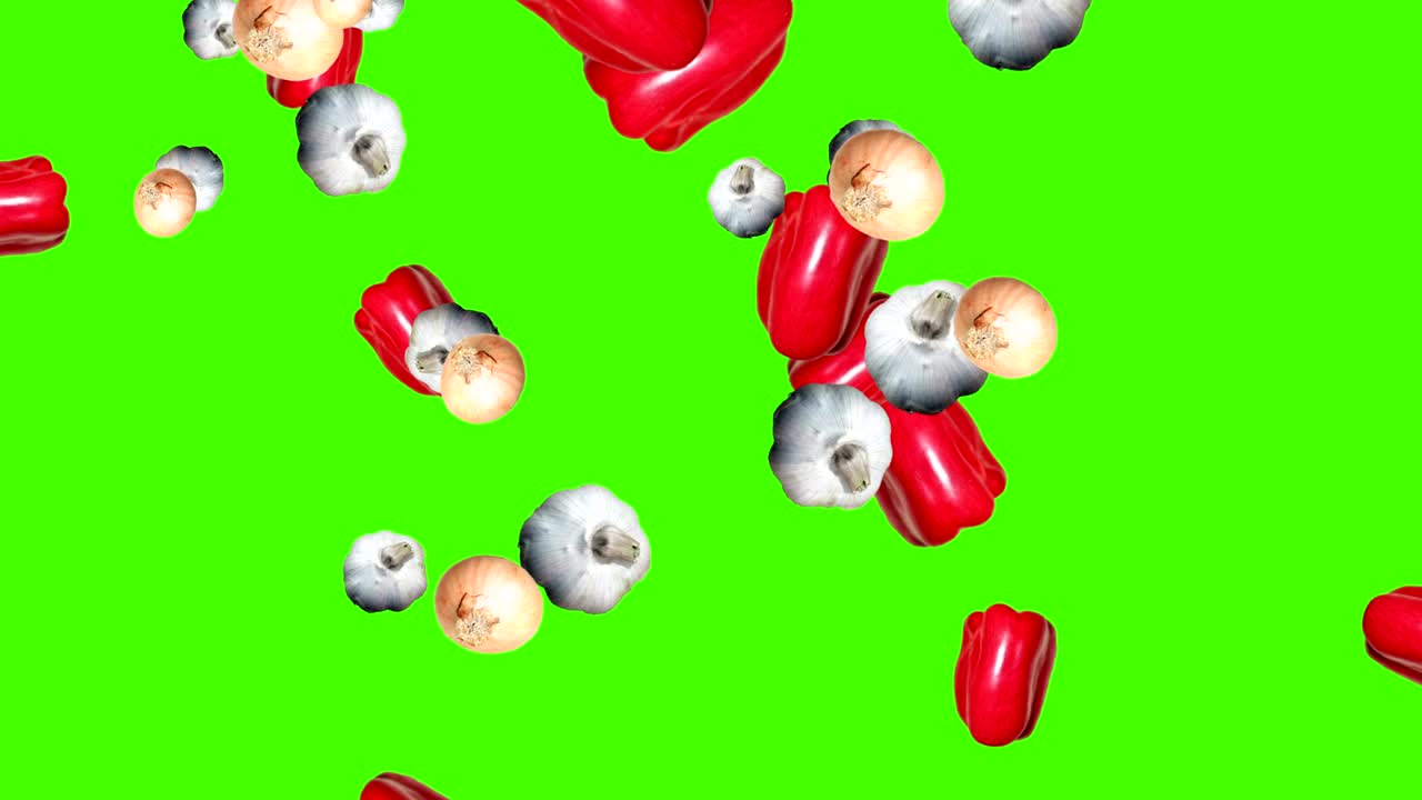 야채가 떨어지는 애니메이션 크로마 핵심 요소 루프, 마늘, 양파 및 고추