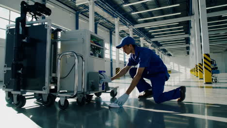cleaning industrial equipment in a warehouse