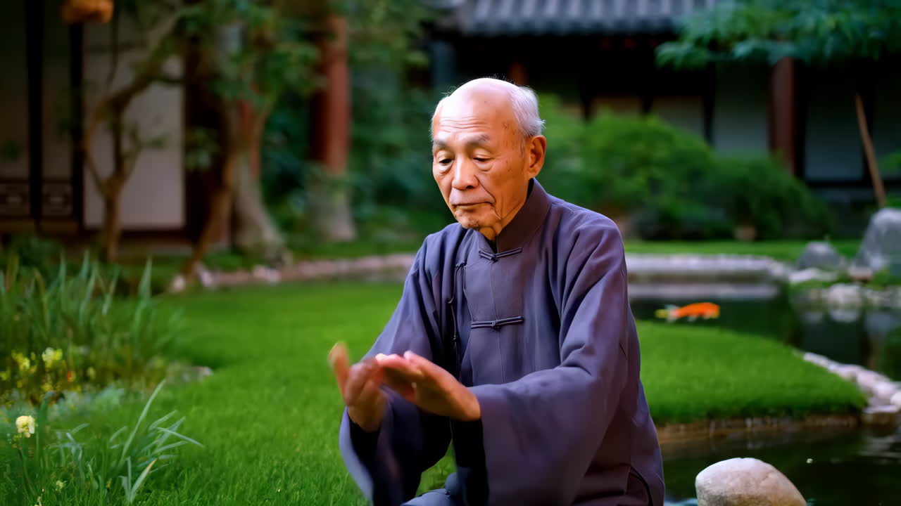 Người đàn ông lớn tuổi tập Thái Cực Quyền trong vườn