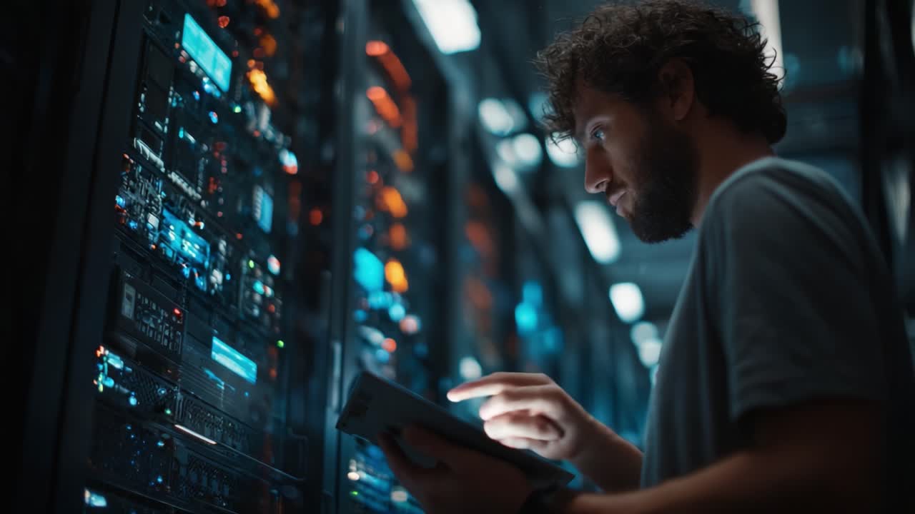 A focused technician engages with complex network systems, analyzing data on a tablet amidst a brightly lit server room, showcasing modern technology and expertise