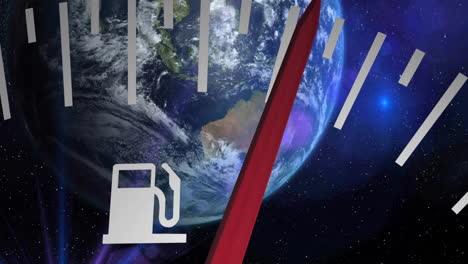 animation of petrol tank icon and fuel tank gauge filling over globe on dark background