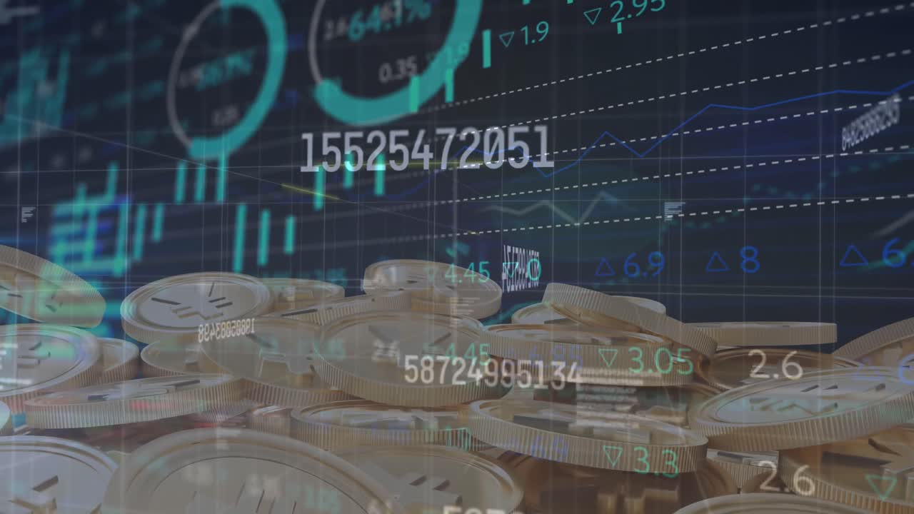 数字の変化のアニメーションと金円硬貨のデータ処理