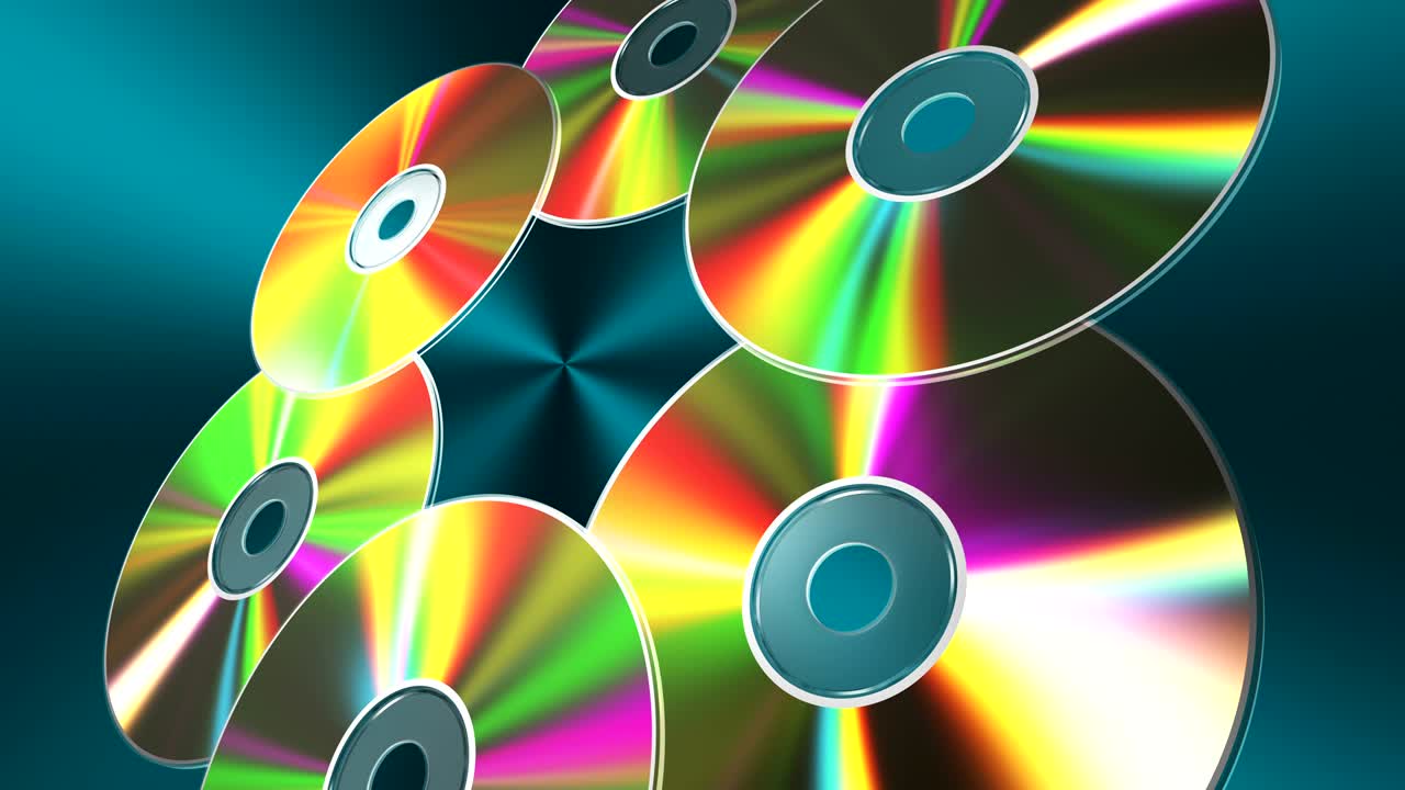 discos de cd-dvd giratorios sobre un fondo azul. 4k. 3840x2160. en bucle sin costuras.