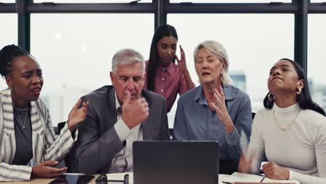 business meeting, laptop and people with fail