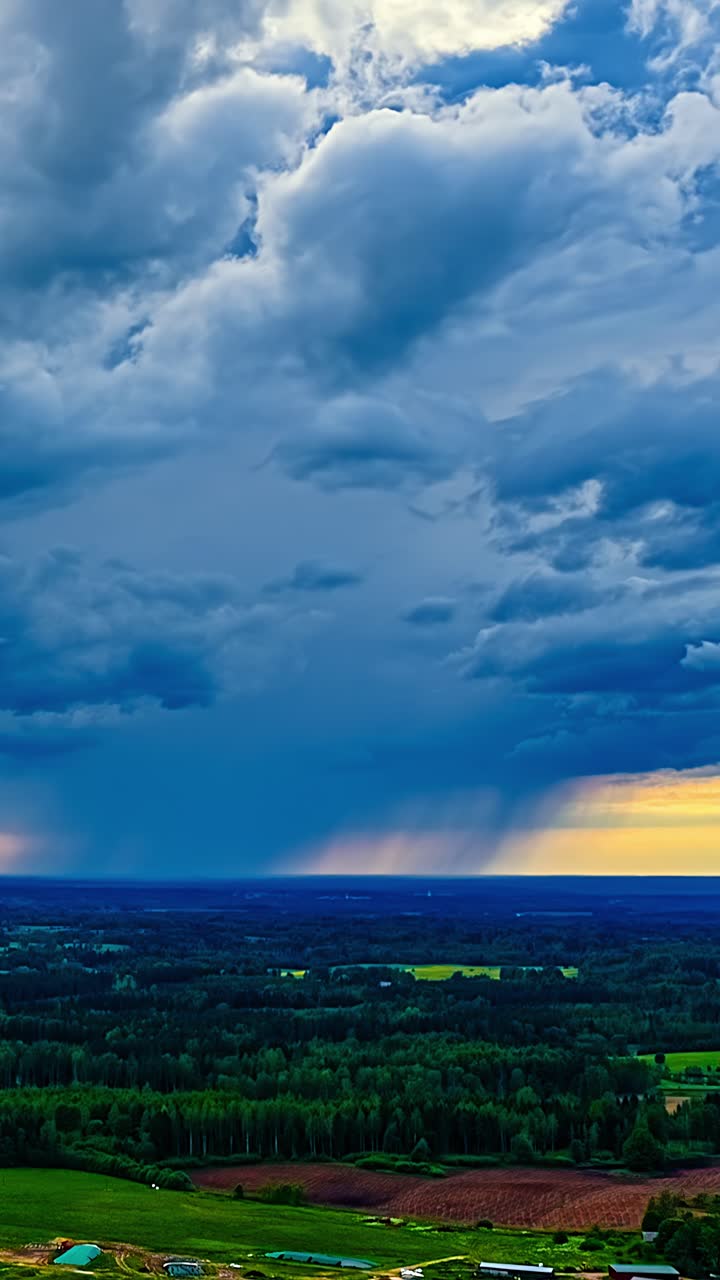 Timelapse aereo di spettacolari nuvole temporalesche che si addensano sopra una campagna verde e ondulata, con ombre blu intense e luce calda vicino all'orizzonte, verticale.