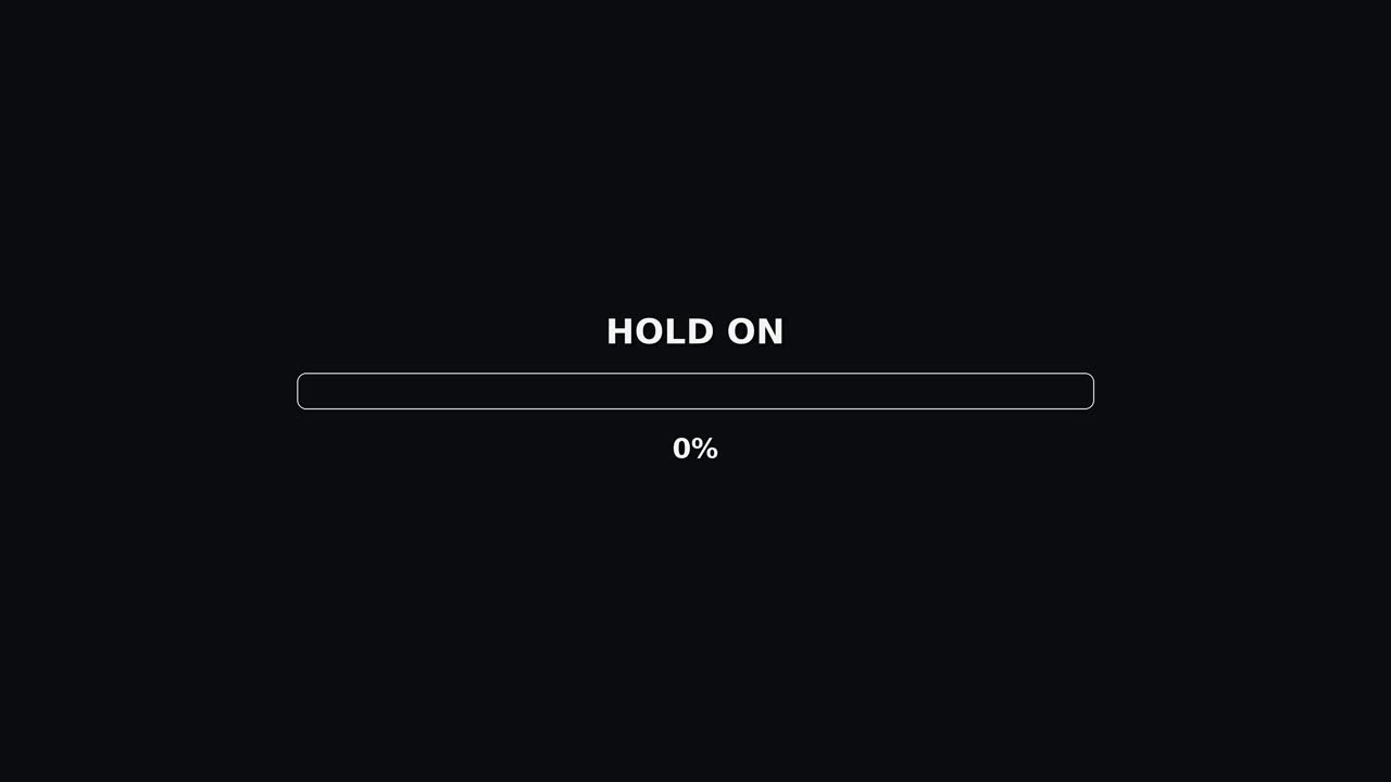 A progress bar animation is displayed on a black background. The text hold on appears above the bar which fills up completely to show 100 percent progress. The visual suggests a completed task