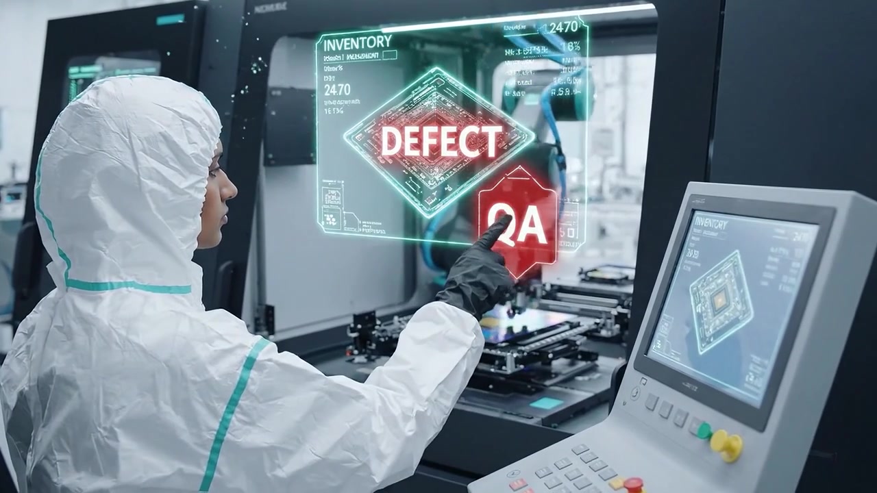 Tekniker i renrum inspicerer mikrochipproduktion med holografisk interface