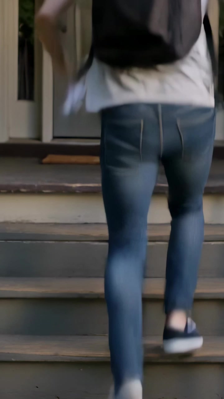 Lodret video: Ankommer til verandaen, klatrende teenager i grå T-shirt med rygsæk holder krøllet papir op mod døren.