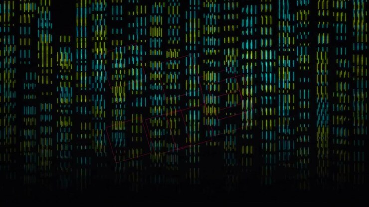 Abstract Digital Background with Falling Lines and Floating Geometric Cubes