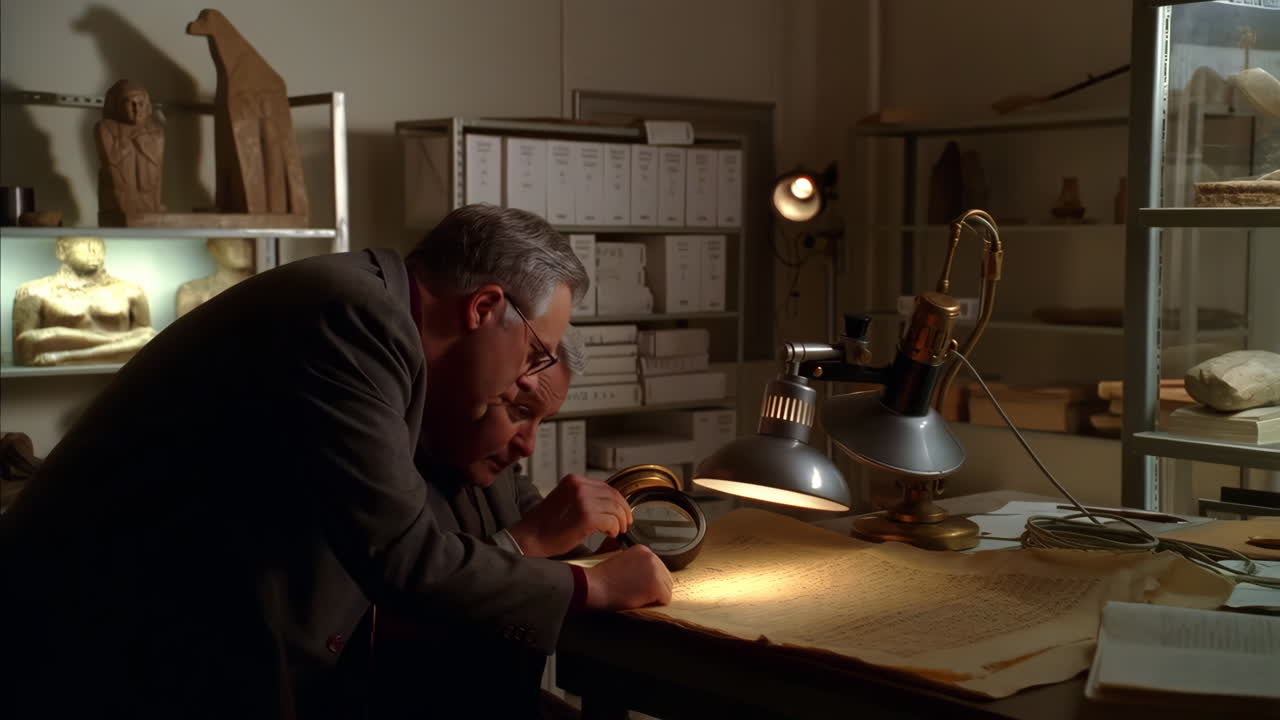 Two scholars meticulously examining an old historical document with a magnifying glass under a desk lamp in an archive