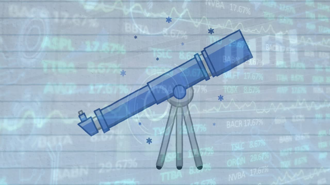 Animation of stock market data processing over telescope icon against white lined paper