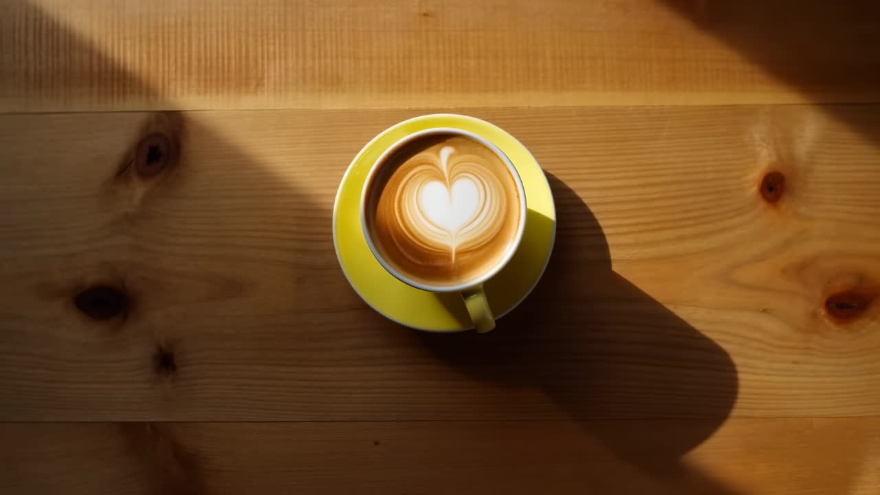 Latte macchiato con disegno a cuore su tavolo di legno con ombre in movimento
