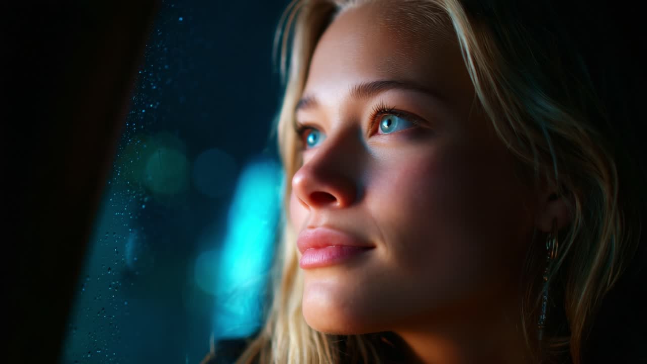 A Contemplative Young Woman Gazes Thoughtfully Out the Window, Her Beautiful Blue Eyes Reflecting the Soft Glow of Evening Lights as Raindrops Glisten on the Glass, Capturing a Moment of Peace and Reflection
